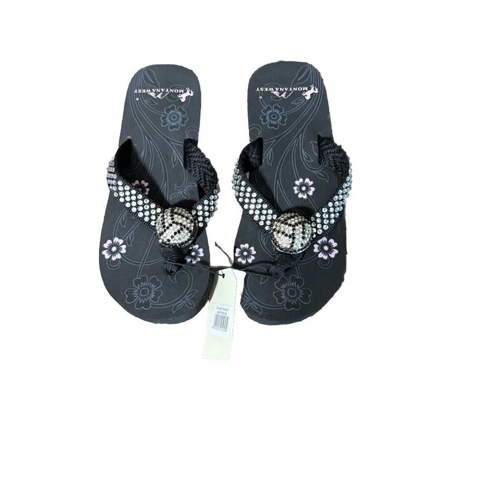 Montana West Bejeweled Volleyball Flip Flop Black Sandals Bling Rhinestone SZ 6